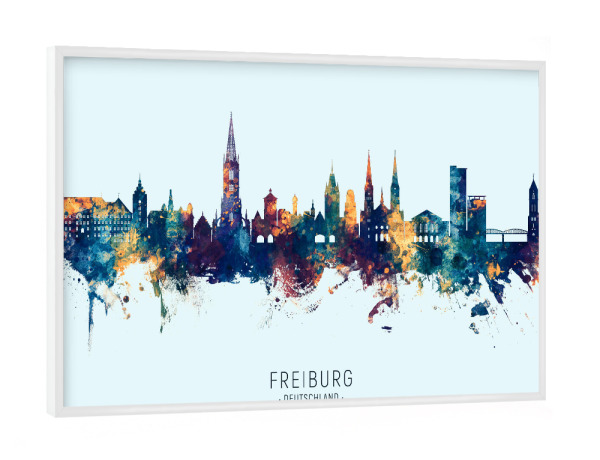 Poster mit weißem Rahmen "Freiburg Skyline BlueOrange" artboxONE - Städte