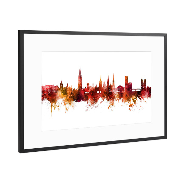 Poster mit Rahmen Schwarz (Metallic) "Freiburg Germany Skyline Red" artboxONE - Städte
