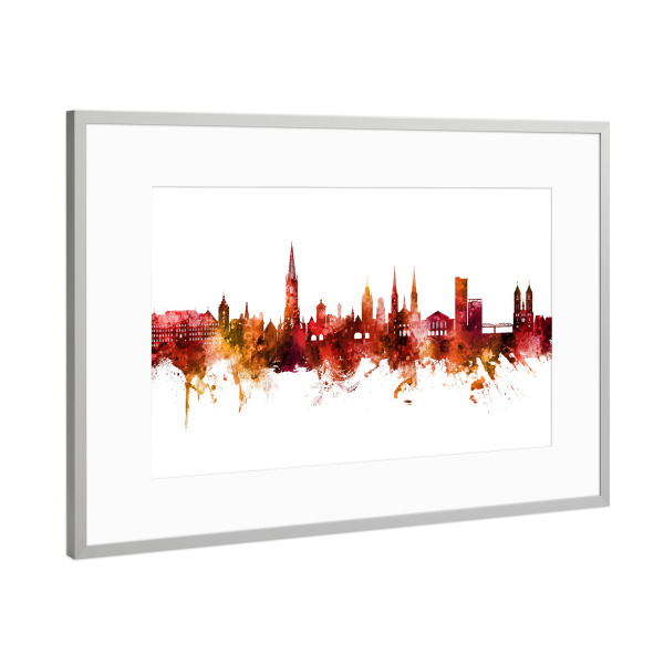 Poster mit Rahmen Silber "Freiburg Germany Skyline Red" artboxONE - Städte
