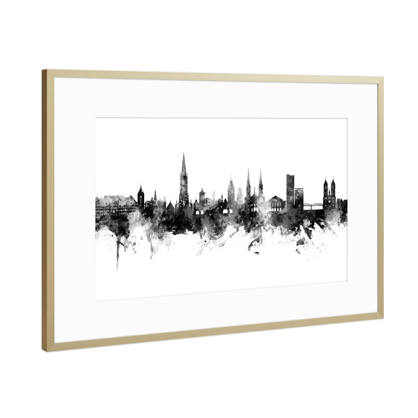Poster mit Rahmen Gold "Freiburg Germany Skyline Black" artboxONE - Städte,Schwarzweiß