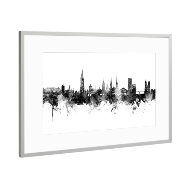 Poster mit Rahmen Silber "Freiburg Germany Skyline Black" artboxONE - Städte,Schwarzweiß