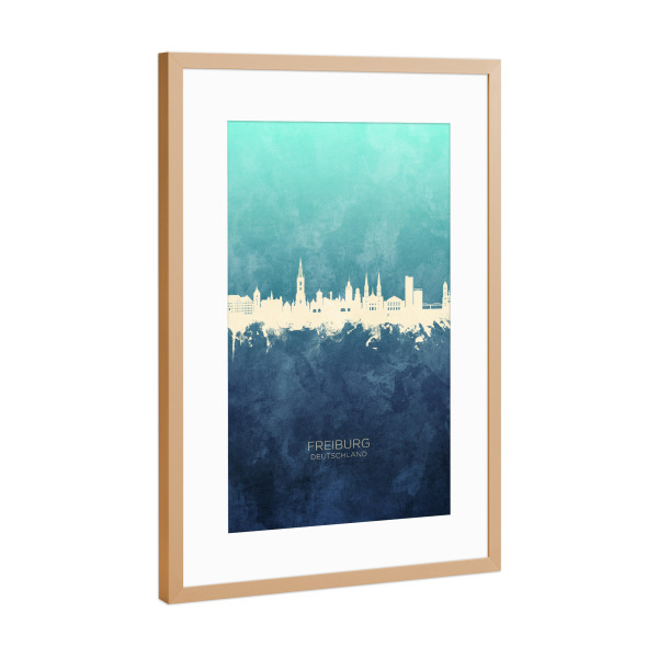 Poster mit Rahmen Kupfer "Freiburg Germany Skyline NavyCyan" artboxONE - Städte