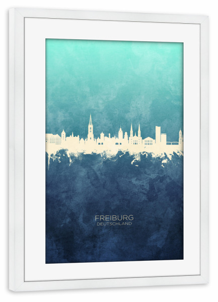 Poster mit Rahmen weiß "Freiburg Germany Skyline NavyCyan" artboxONE - Städte