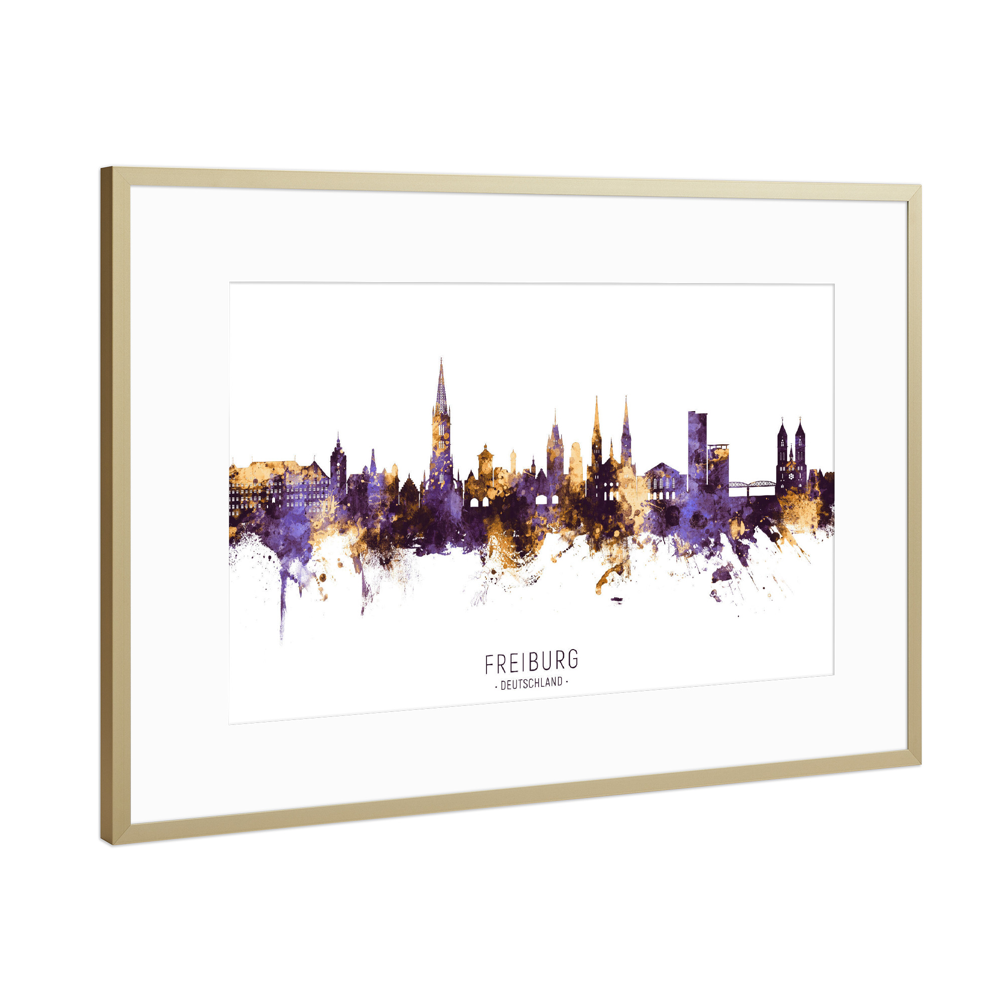 Poster mit Rahmen Gold "Freiburg Skyline PurpleGold" artboxONE - Städte