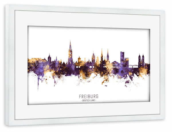 Poster mit Rahmen weiß "Freiburg Skyline PurpleGold" artboxONE - Städte