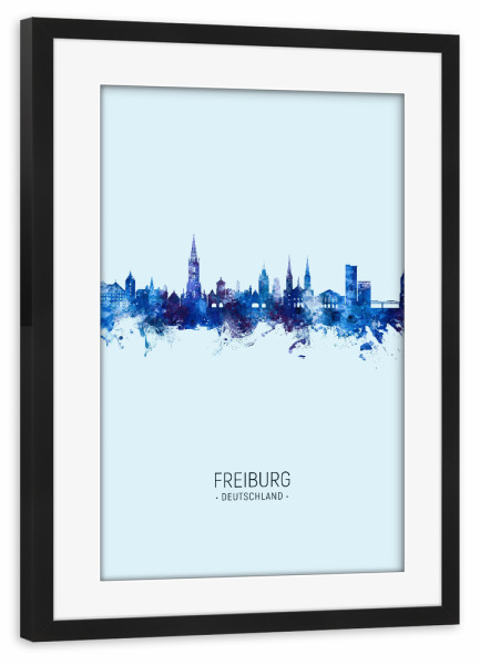 Poster mit Rahmen schwarz "Freiburg Germany Skyline Dark Blue" artboxONE - Städte