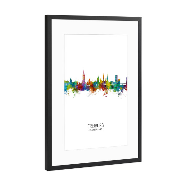 Poster mit Rahmen Schwarz (Metallic) "Freiburg Germany Skyline Portrait" artboxONE - Städte
