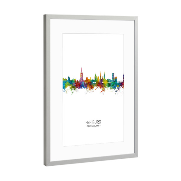Poster mit Rahmen Silber "Freiburg Germany Skyline Portrait" artboxONE - Städte