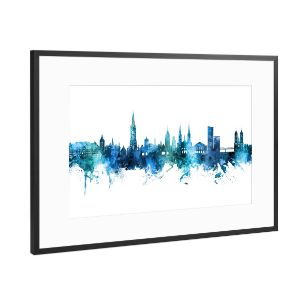 Poster mit Rahmen Schwarz (Metallic) "Freiburg Germany Skyline Blue" artboxONE - Städte