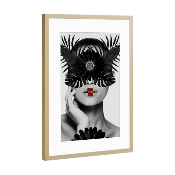 Poster mit Rahmen Gold "Woman Black Bird" artboxONE - Natur,Floral,Menschen
