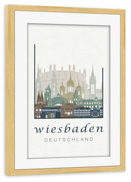 Poster mit Rahmen kiefer "Wiesbaden skyline light blue" artboxONE - Städte,Architektur