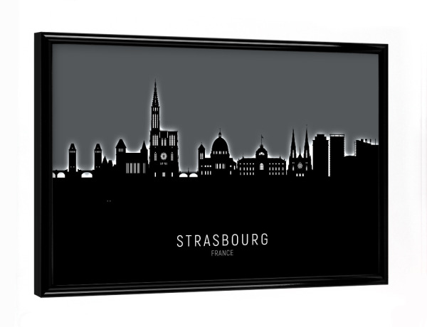 Poster mit schwarzem Rahmen "Strasbourg Skyline Glow White" artboxONE - Städte