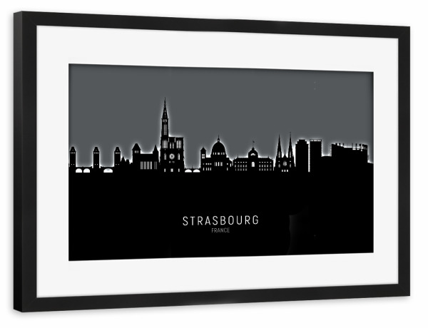 Poster mit Rahmen schwarz "Strasbourg Skyline Glow White" artboxONE - Städte