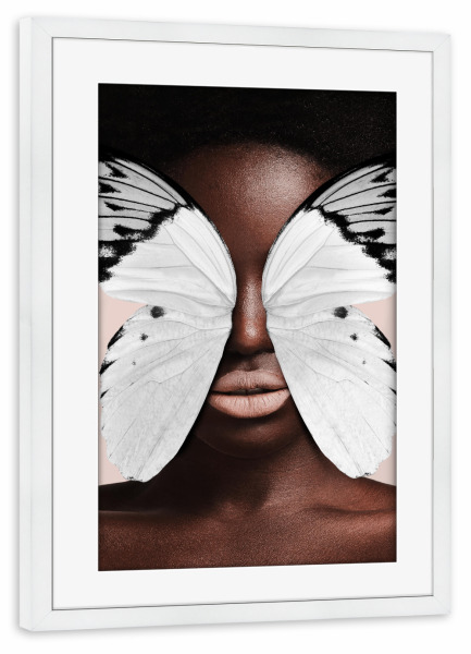 Poster mit Rahmen weiß "Woman Golden Butterfly" artboxONE - Natur,Floral,Menschen
