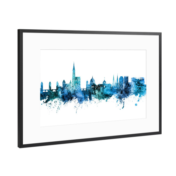 Poster mit Rahmen Schwarz (Metallic) "Strasbourg France Skyline Blue" artboxONE - Städte