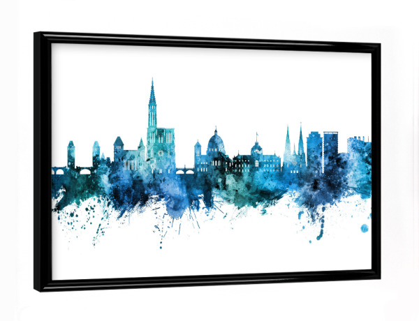 Poster mit schwarzem Rahmen "Strasbourg France Skyline Blue" artboxONE - Städte