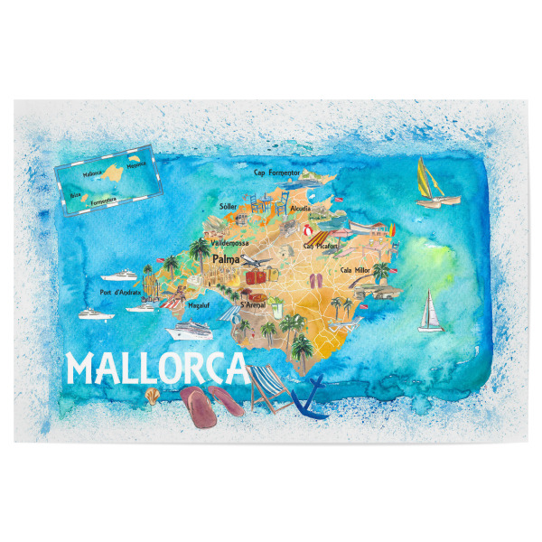 Poster "Majorca Spain Illustrated Map" artboxONE - Reise,Reise / Strand und Meer,Kartografie