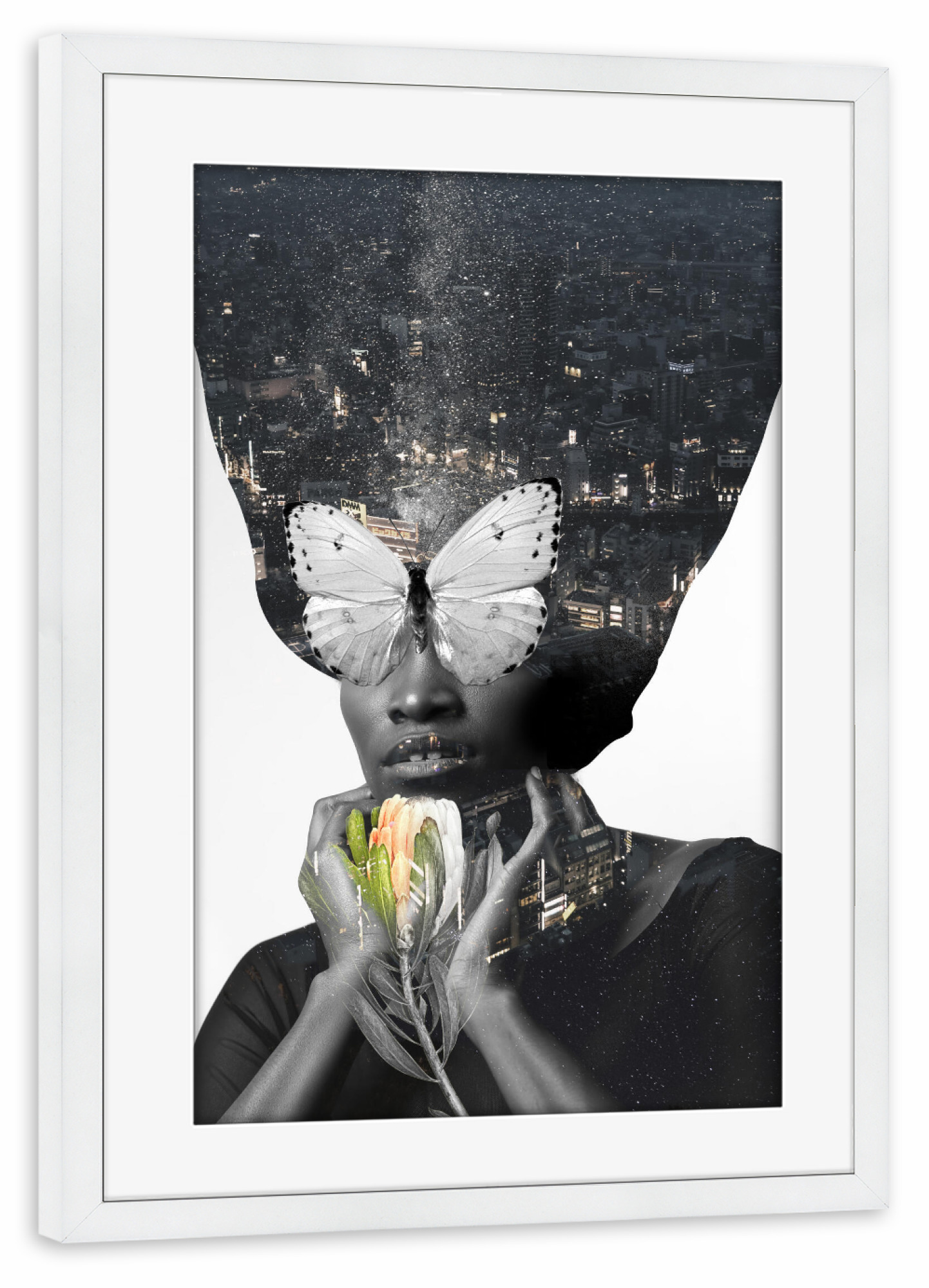 Poster mit Rahmen weiß "Woman Flower City" artboxONE - Städte,Floral,Menschen