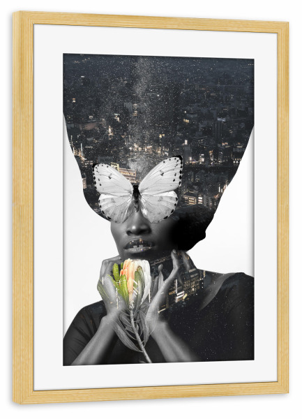 Poster mit Rahmen kiefer "Woman Flower City" artboxONE - Städte,Floral,Menschen