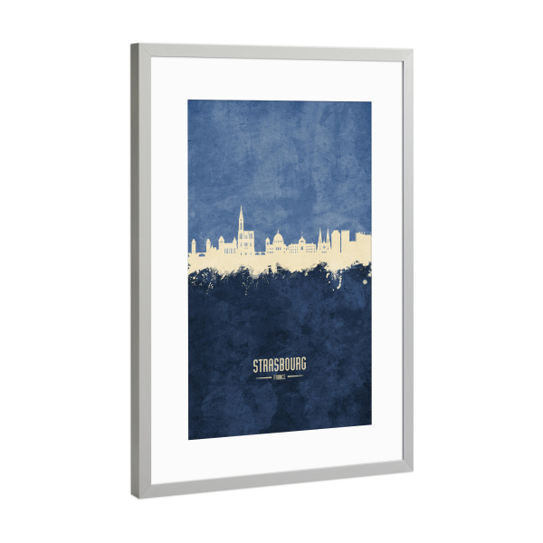 Poster mit Rahmen Silber "Strasbourg France Skyline Navy" artboxONE - Städte