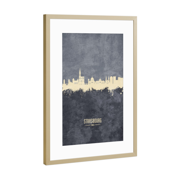 Poster mit Rahmen Gold "Strasbourg France Skyline Grey" artboxONE - Städte