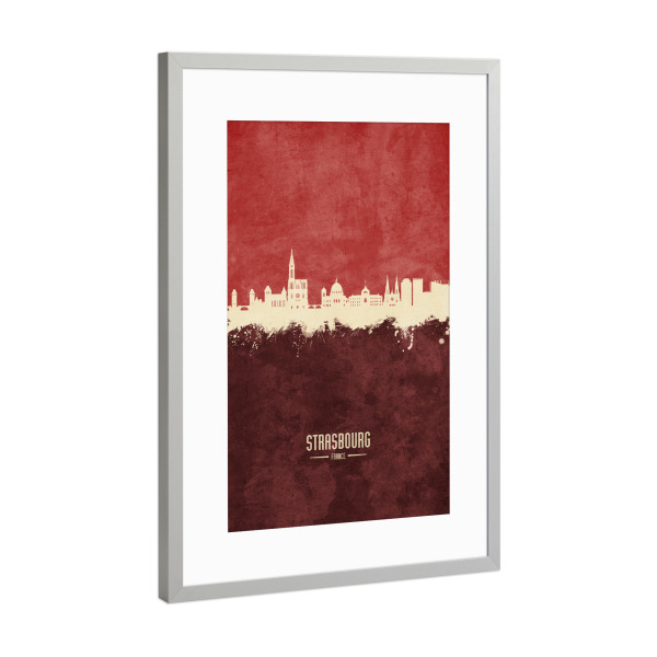 Poster mit Rahmen Silber "Strasbourg France Skyline Dark Red" artboxONE - Städte