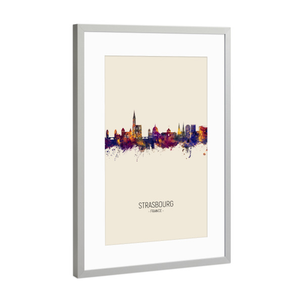 Poster mit Rahmen Silber "Strasbourg France Skyline Beige" artboxONE - Städte