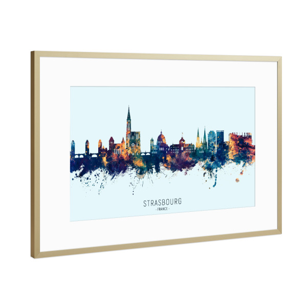 Poster mit Rahmen Gold "Strasbourg Skyline BlueOrange" artboxONE - Städte