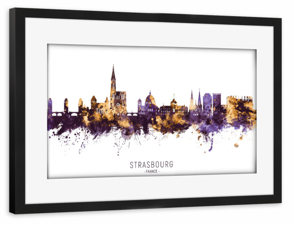 Poster mit Rahmen schwarz "Strasbourg Skyline PurpleGold" artboxONE - Städte