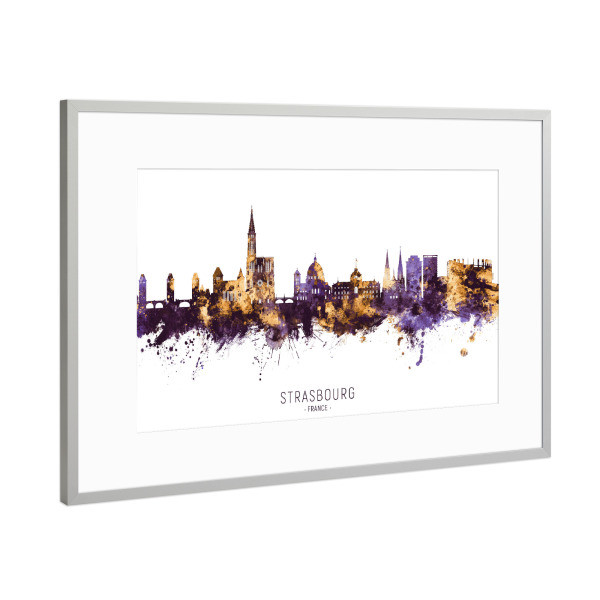 Poster mit Rahmen Silber "Strasbourg Skyline PurpleGold" artboxONE - Städte