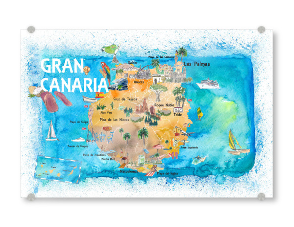 Acrylglasbild "Gran Canary Illustrated Map" artboxONE - Natur,Reise,Reise / Strand und Meer,Kartografie