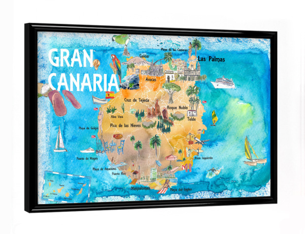 Poster mit schwarzem Rahmen "Gran Canary Illustrated Map" artboxONE - Natur,Reise,Reise / Strand und Meer,Kartografie
