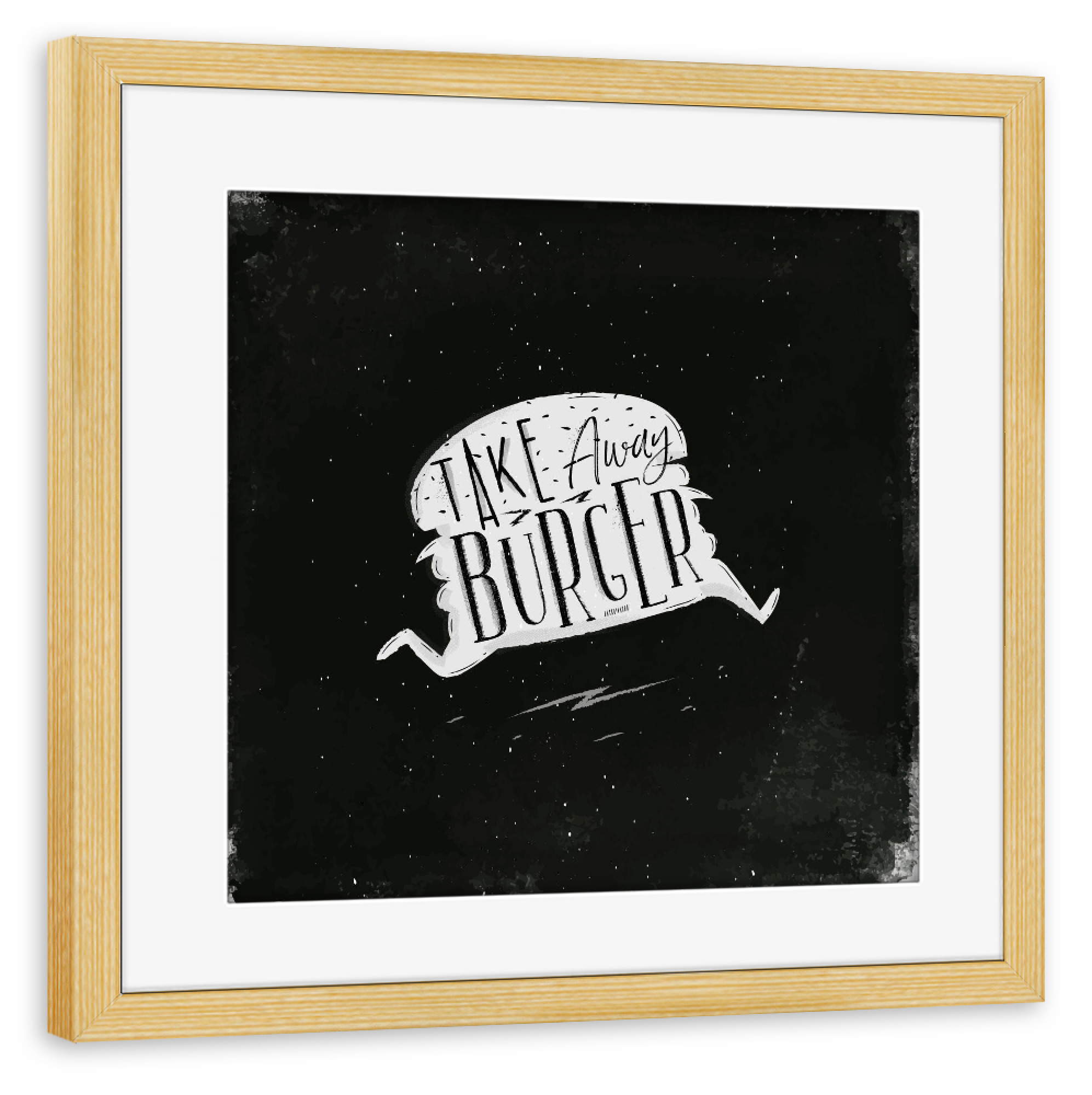 Poster mit Rahmen kiefer "Silhouette burger to go chalk" artboxONE - Typografie,Essen & Trinken,Schwarzweiß,Lustig