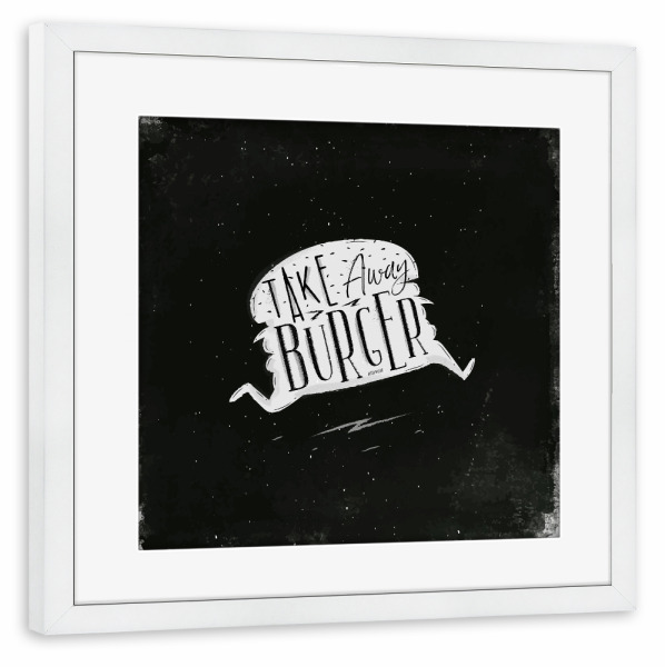 Poster mit Rahmen weiß "Silhouette burger to go chalk" artboxONE - Typografie,Essen & Trinken,Schwarzweiß,Lustig