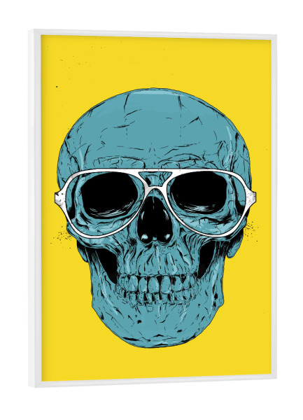 Poster mit weißem Rahmen "Blue skull" artboxONE - Menschen,Lustig - Skull,Glasses,Blue,Yellow,Bright,Humor,Funny,Happy,Totenkopf,Kopf,Lustig