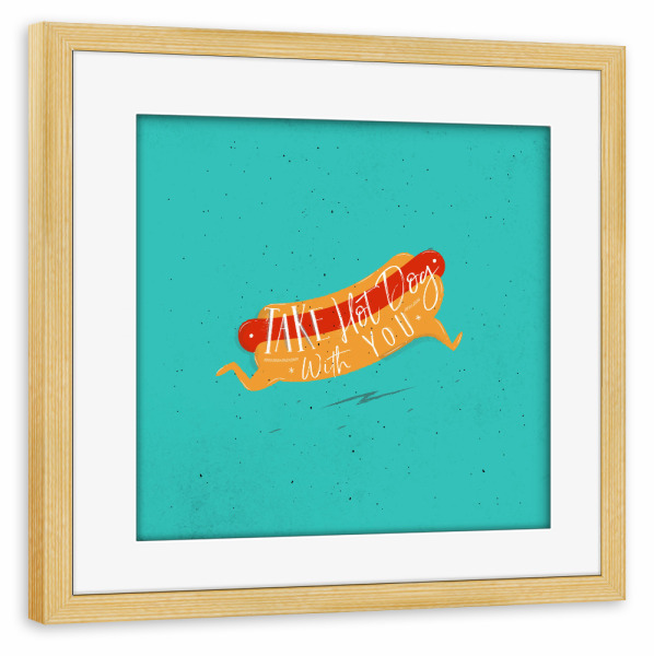 Poster mit Rahmen kiefer "Hot dog to go turquoise" artboxONE - Typografie,Essen & Trinken,Lustig