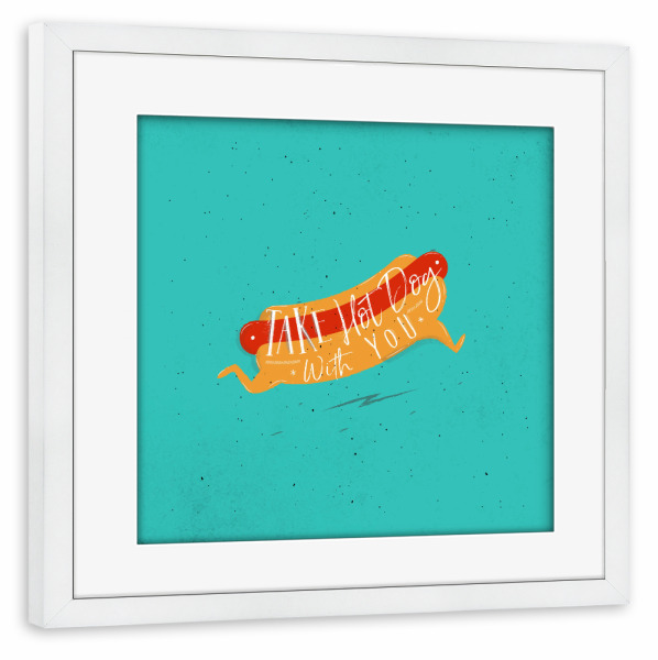 Poster mit Rahmen weiß "Hot dog to go turquoise" artboxONE - Typografie,Essen & Trinken,Lustig