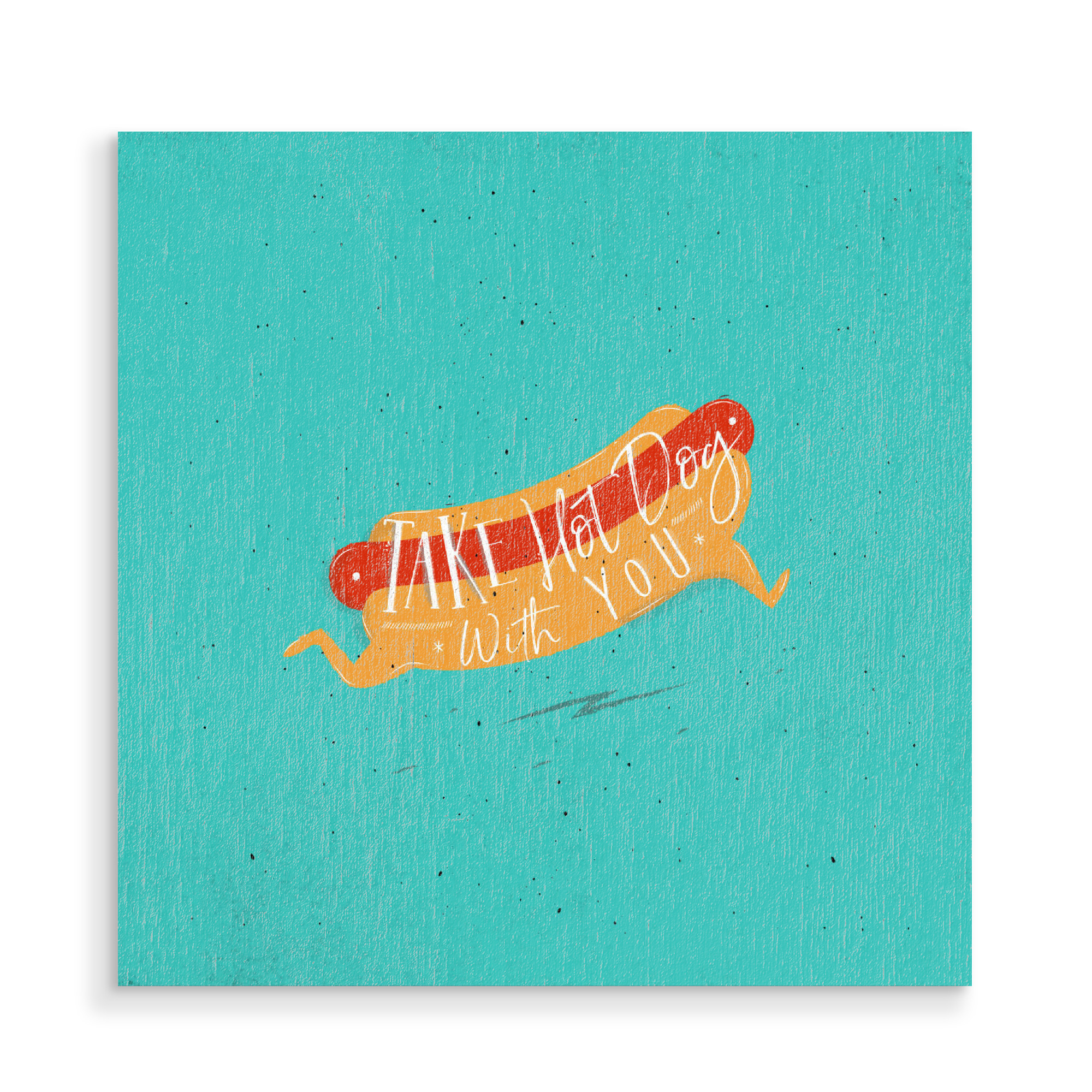 Holzbild "Hot dog to go turquoise" artboxONE - Typografie,Essen & Trinken,Lustig