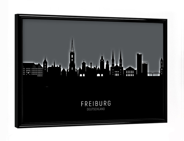 Poster mit schwarzem Rahmen "Freiburg Skyline Glow White" artboxONE - Städte,Schwarzweiß