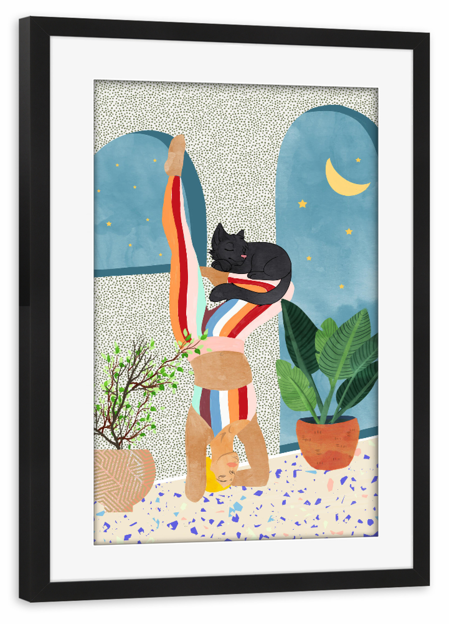 Poster mit Rahmen schwarz "Headstand, Cat Yoga, Active Woman" artboxONE - Natur,Tiere,Menschen