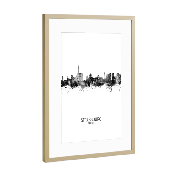 Poster mit Rahmen Gold "Strasbourg France Skyline BW" artboxONE - Städte