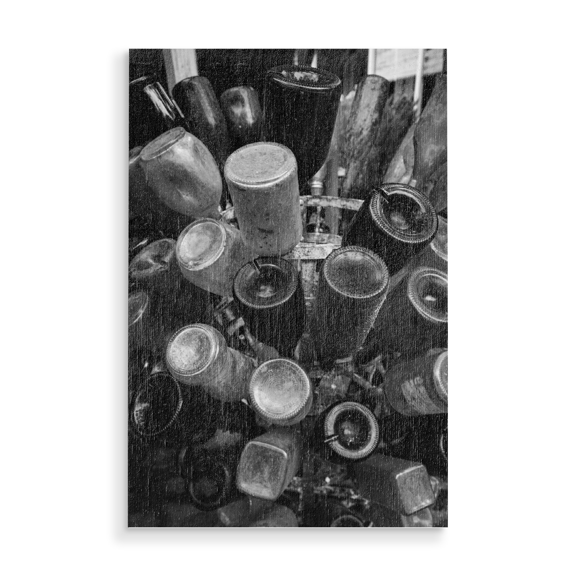 Holzbild "Glass bottles" artboxONE - Reise,Essen & Trinken - Flaschen,Trinken,Schwarzweiß,Bottles,Blackandwhite,Abstrakt,Abstract,Glas,Reise,Travel