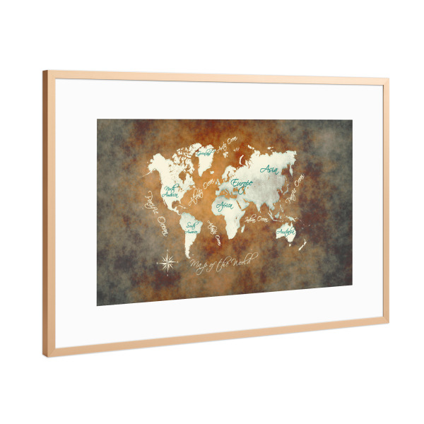 Poster mit Rahmen Kupfer "Map of the world brown" artboxONE - Reise,Kartografie