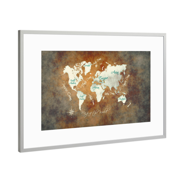 Poster mit Rahmen Silber "Map of the world brown" artboxONE - Reise,Kartografie