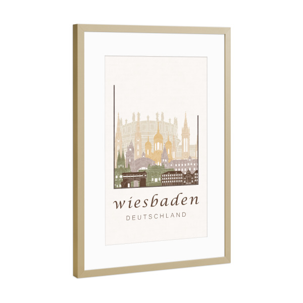 Poster mit Rahmen Gold "Wiesbaden skyline rustic" artboxONE - Städte,Architektur