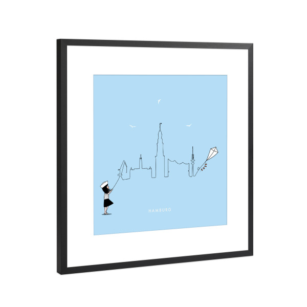Poster mit Rahmen Schwarz (Metallic) "Hamburg Skyline Kite" artboxONE - Städte,Städte / Hamburg,Architektur