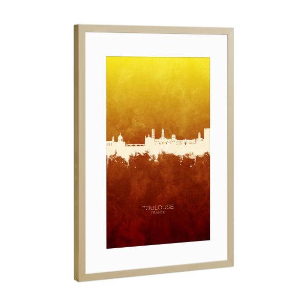 Poster mit Rahmen Gold "Toulouse France Skyline RedYellow" artboxONE - Städte