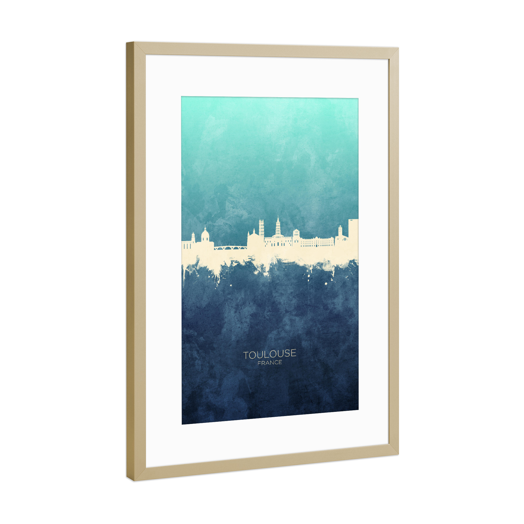 Poster mit Rahmen Gold "Toulouse France Skyline NavyCyan" artboxONE - Städte