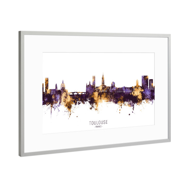 Poster mit Rahmen Silber "Toulouse France Skyline PurpleGold" artboxONE - Städte