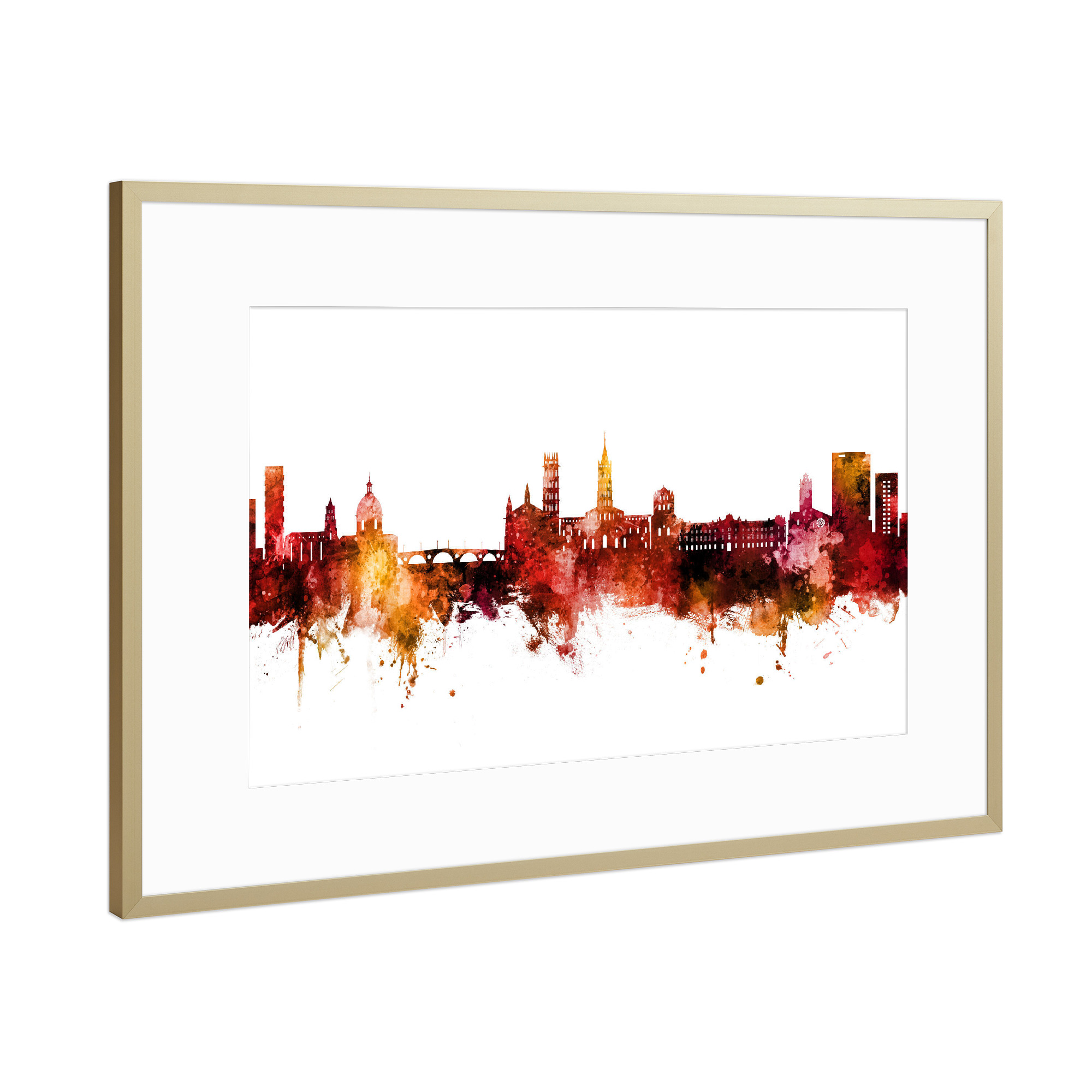 Poster mit Rahmen Gold "Toulouse France Skyline Red" artboxONE - Städte - Toulouse,France,Skyline,Cityscape,Stadtbild,Watercolor,Frankreich,Stadt,City